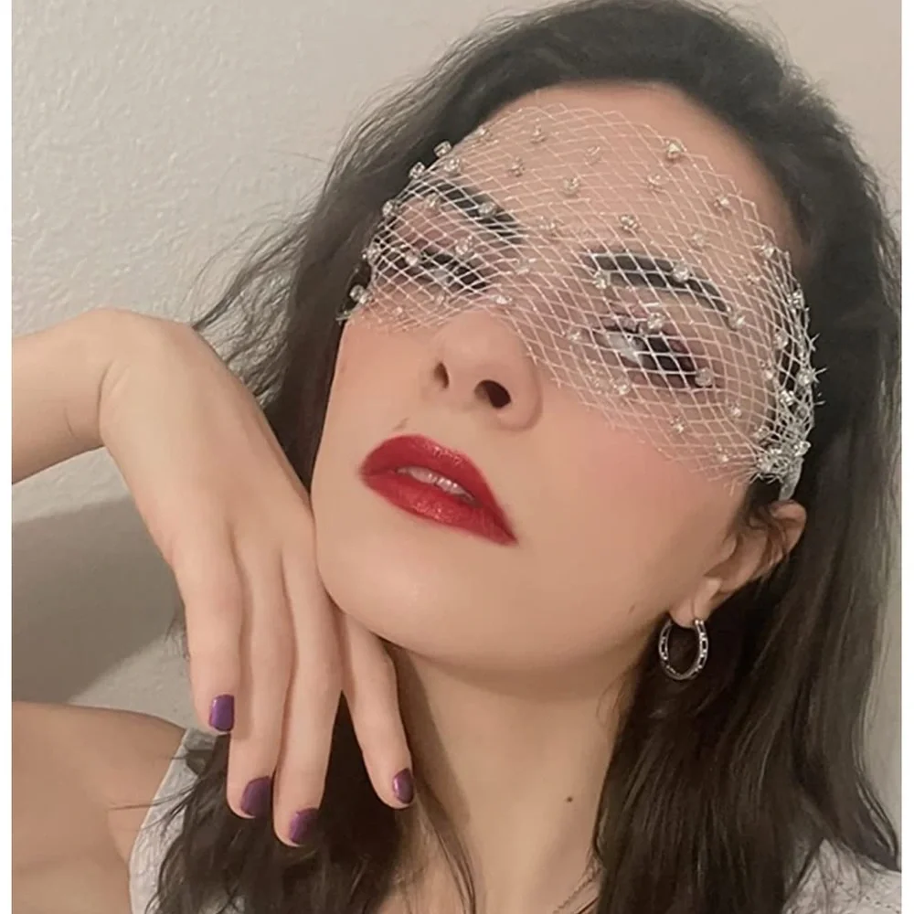🆕 Crown Headpiece Eye Veil Rhinestone Face Fascinator